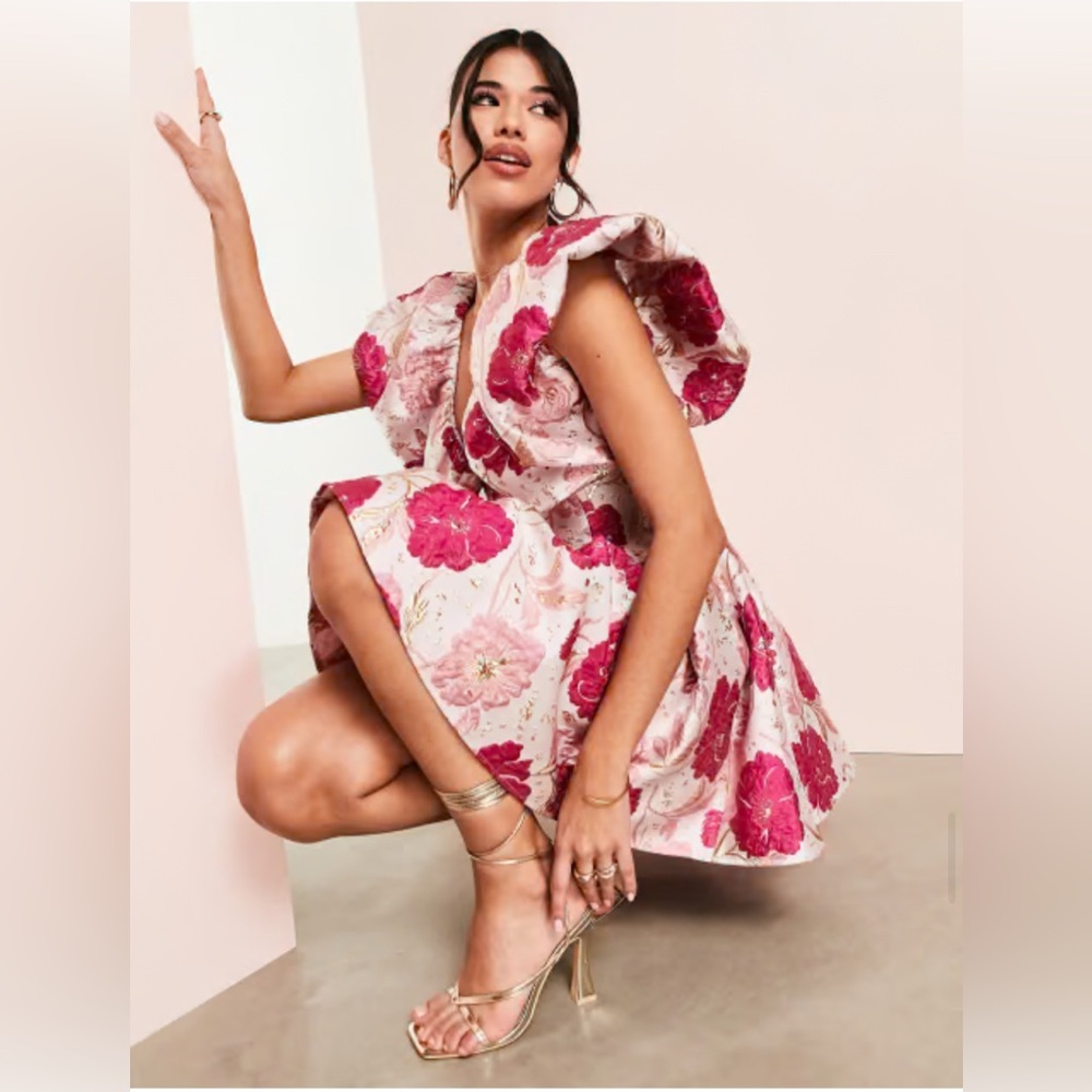 ASOS LUXE floral jacquard bubble plunge dress in pink floral
